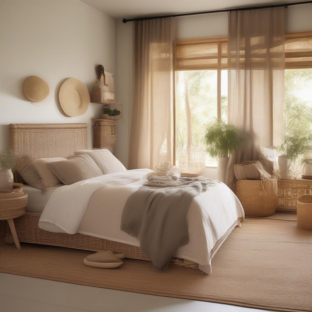 A serene bedroom featuring rattan headboard, wicker baskets, and neutral tones.