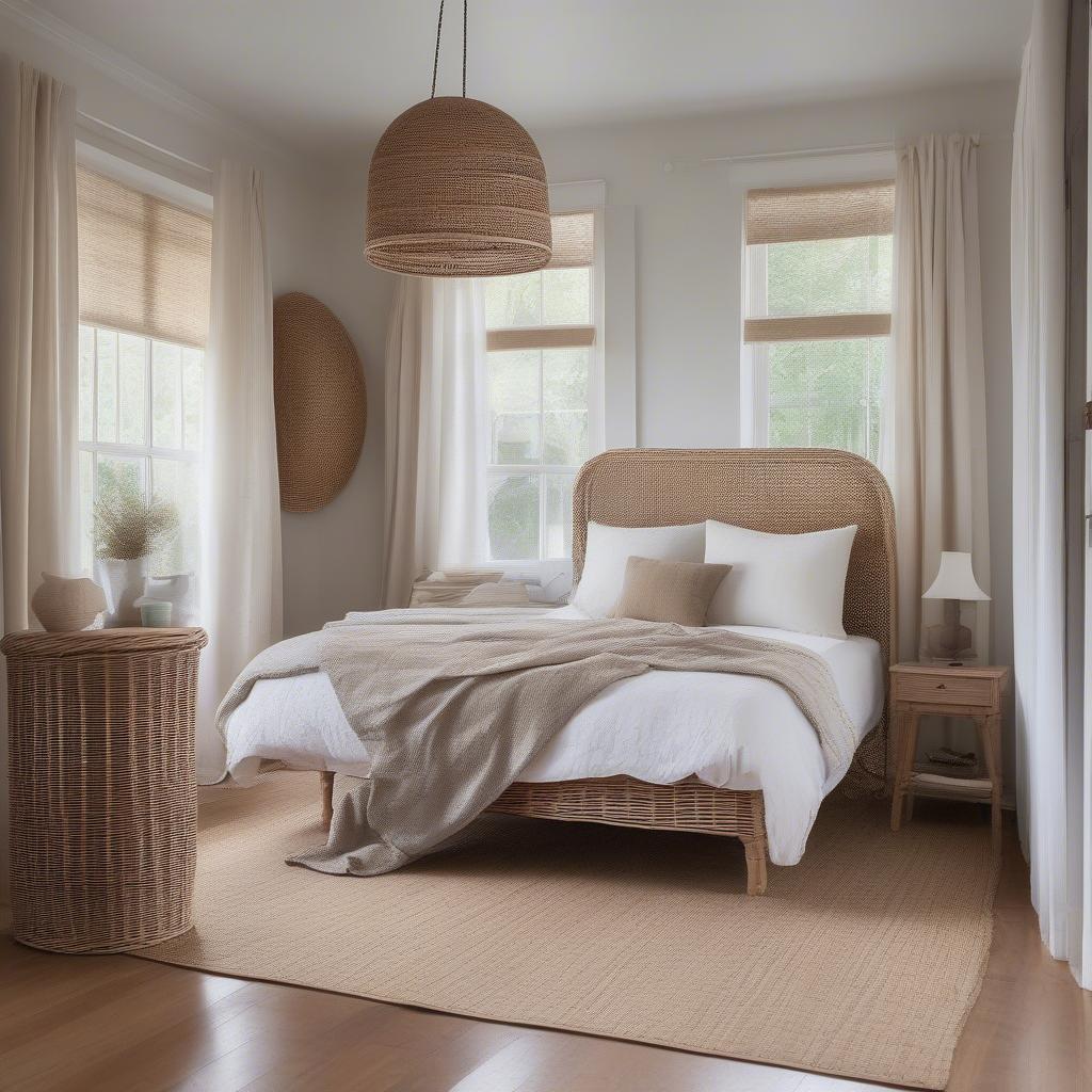 Rattan and wicker decor in a woodhouse bedroom, creating a peaceful and relaxing atmosphere.