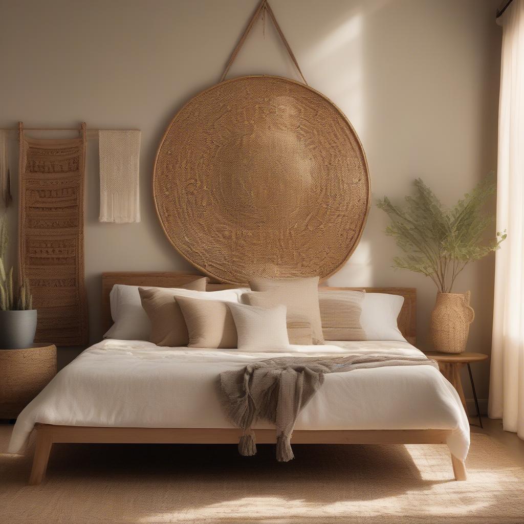 Rattan and wicker wall hanging adds a bohemian touch to a bedroom