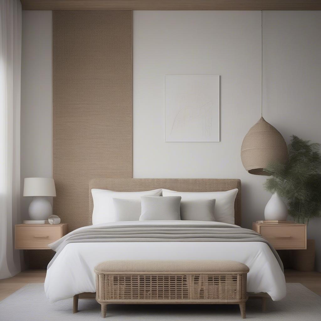 Rattan word art creates a serene and stylish atmosphere in a bedroom.