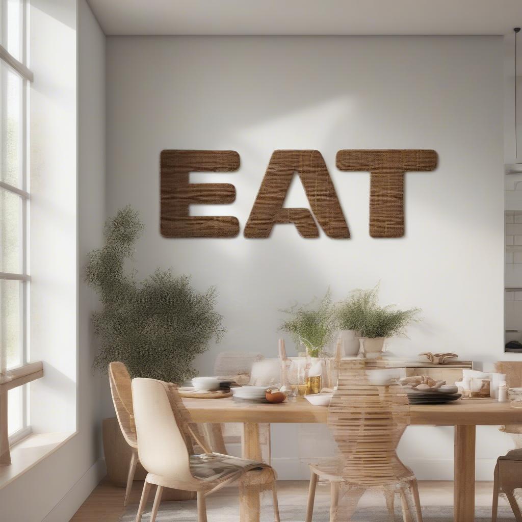 Rattan word art saying "Eat" hanging in a modern kitchen