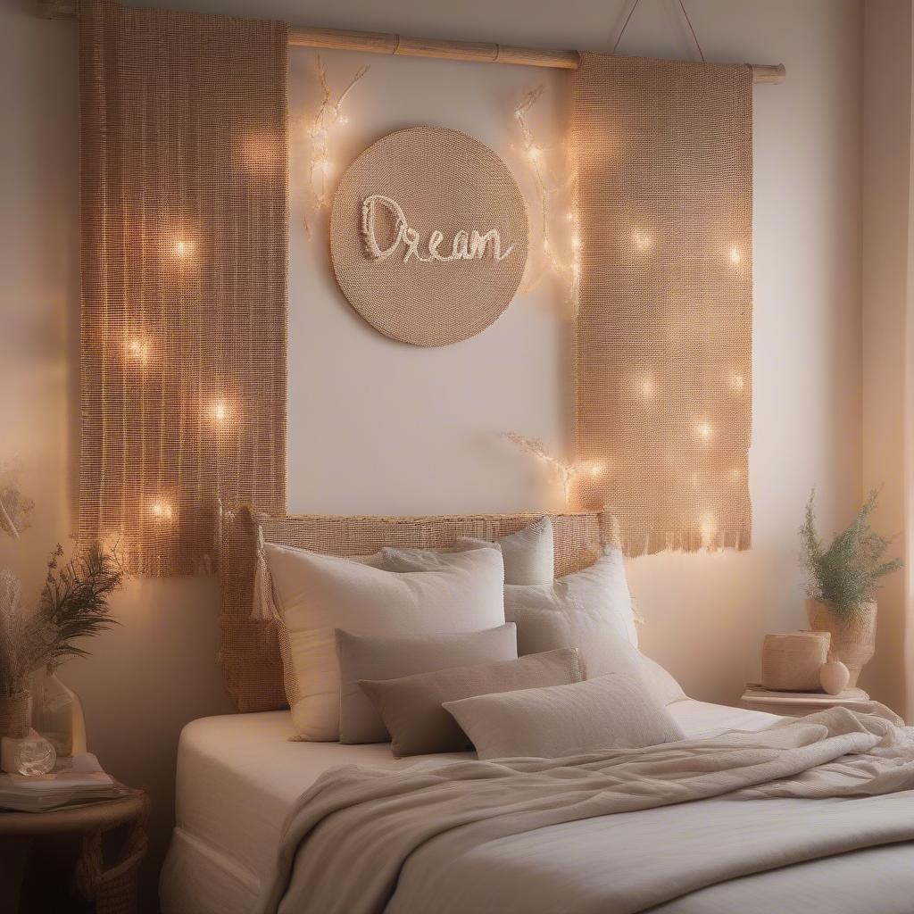 Rattan word wall decor adds a touch of bohemian chic to a bedroom.