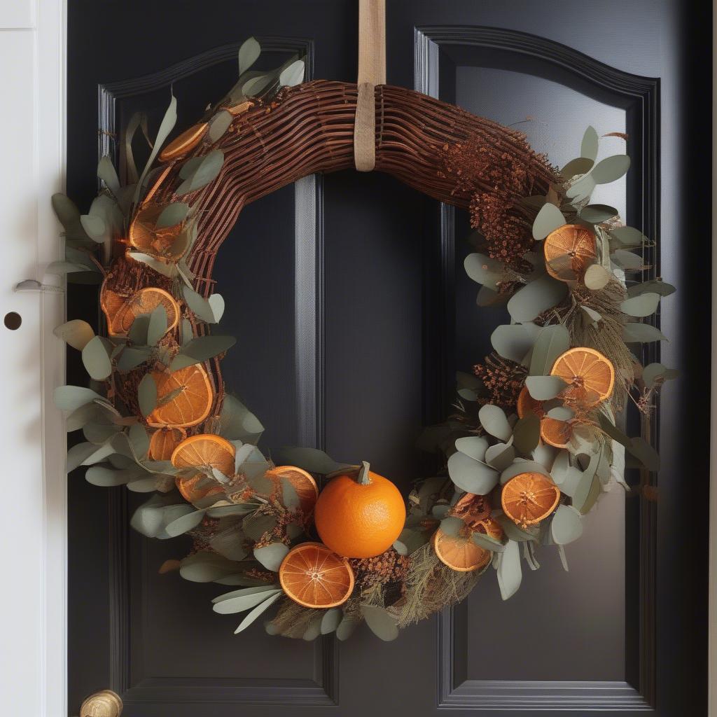 A rattan wreath holiday wall decor accented with dried oranges and cinnamon sticks offers a natural and aromatic festive touch.