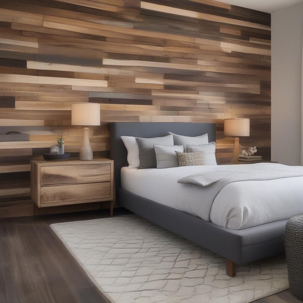 Reclaimed wood wall art creates a focal point in a bedroom.