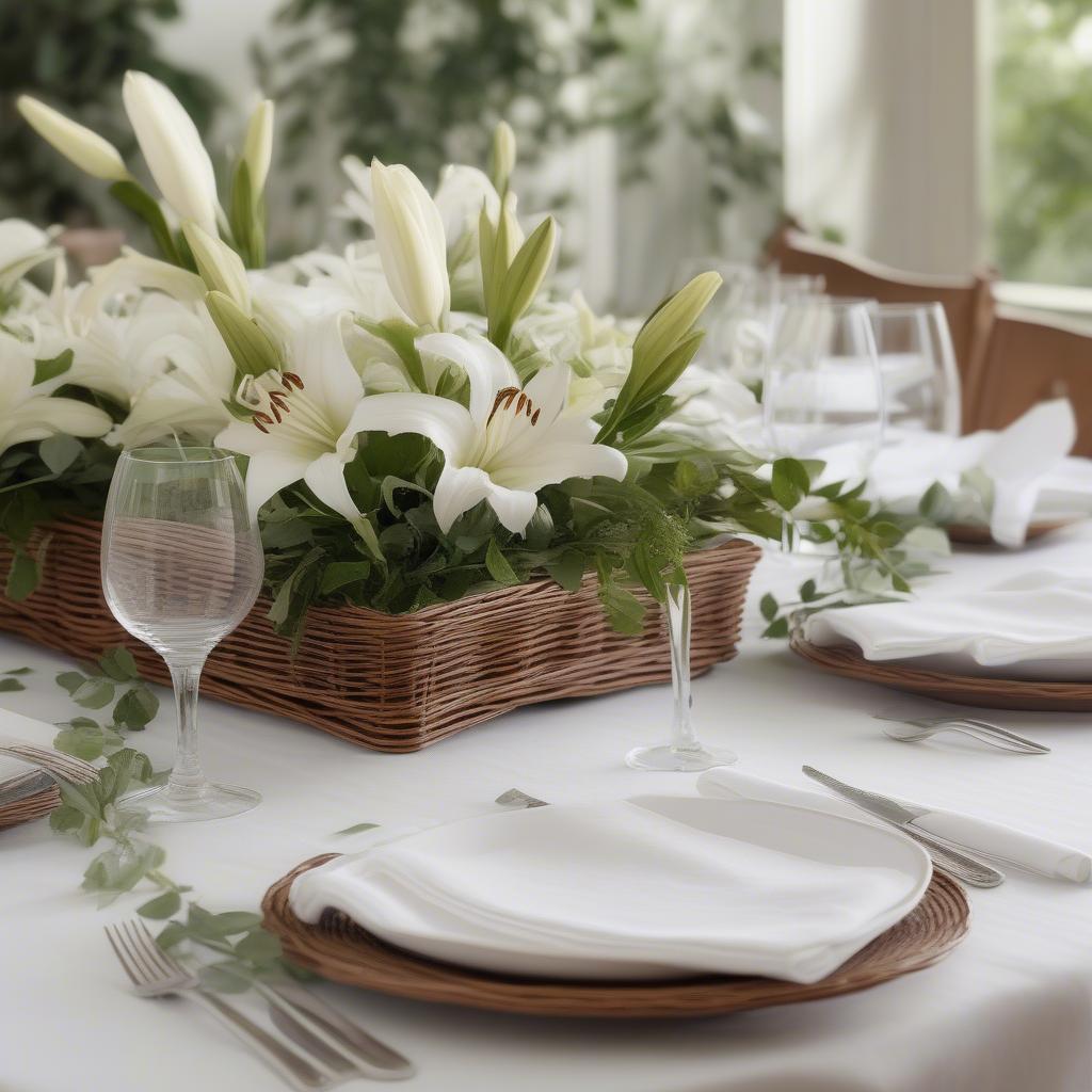 Rectangular wicker flower plate used as a centerpiece.