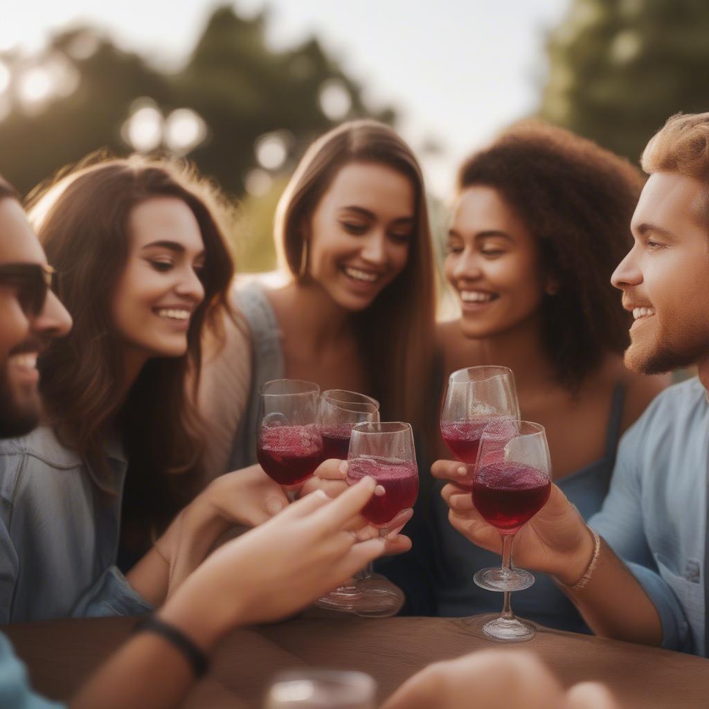 Recycled stemless wine glasses used at an outdoor party