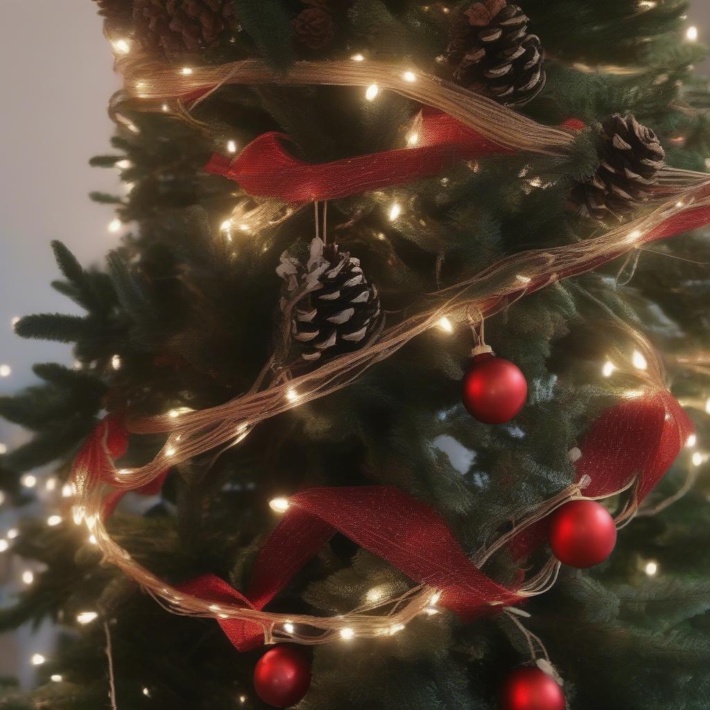 Red berry garland combined with fairy lights, pinecones, and ribbons on a Christmas tree.