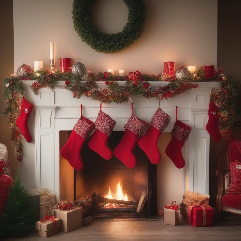 Red berry garland draped across a mantelpiece with Christmas stockings hung.