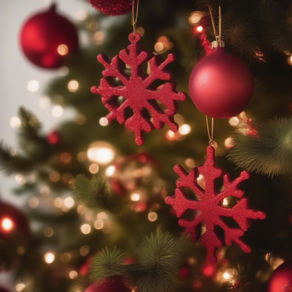 Red snowflake ornaments hanging on a Christmas tree, adding a vibrant pop of color to the festive decor.