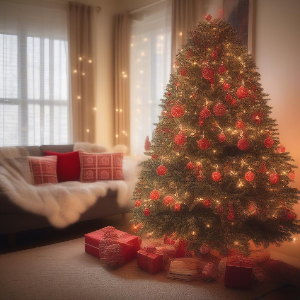 Red snowflake ornaments hanging on a Christmas tree