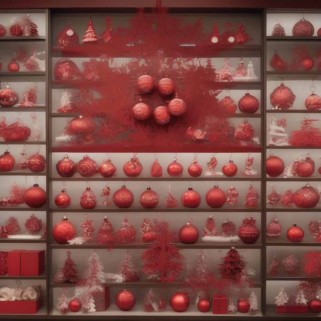 Red snowflake ornaments displayed on a retail shelf, showcasing a variety of styles and sizes.