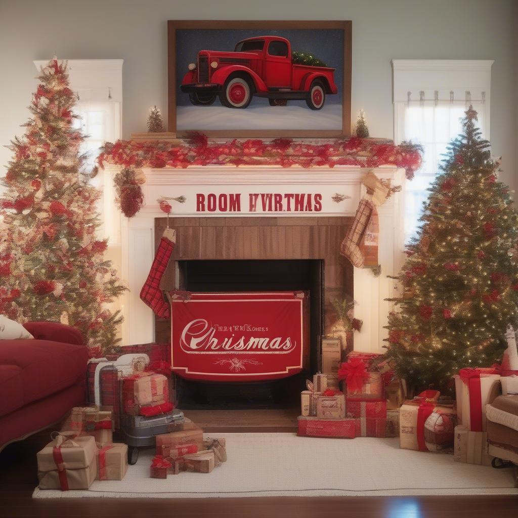 Red Truck Christmas Sign in Winter Décor