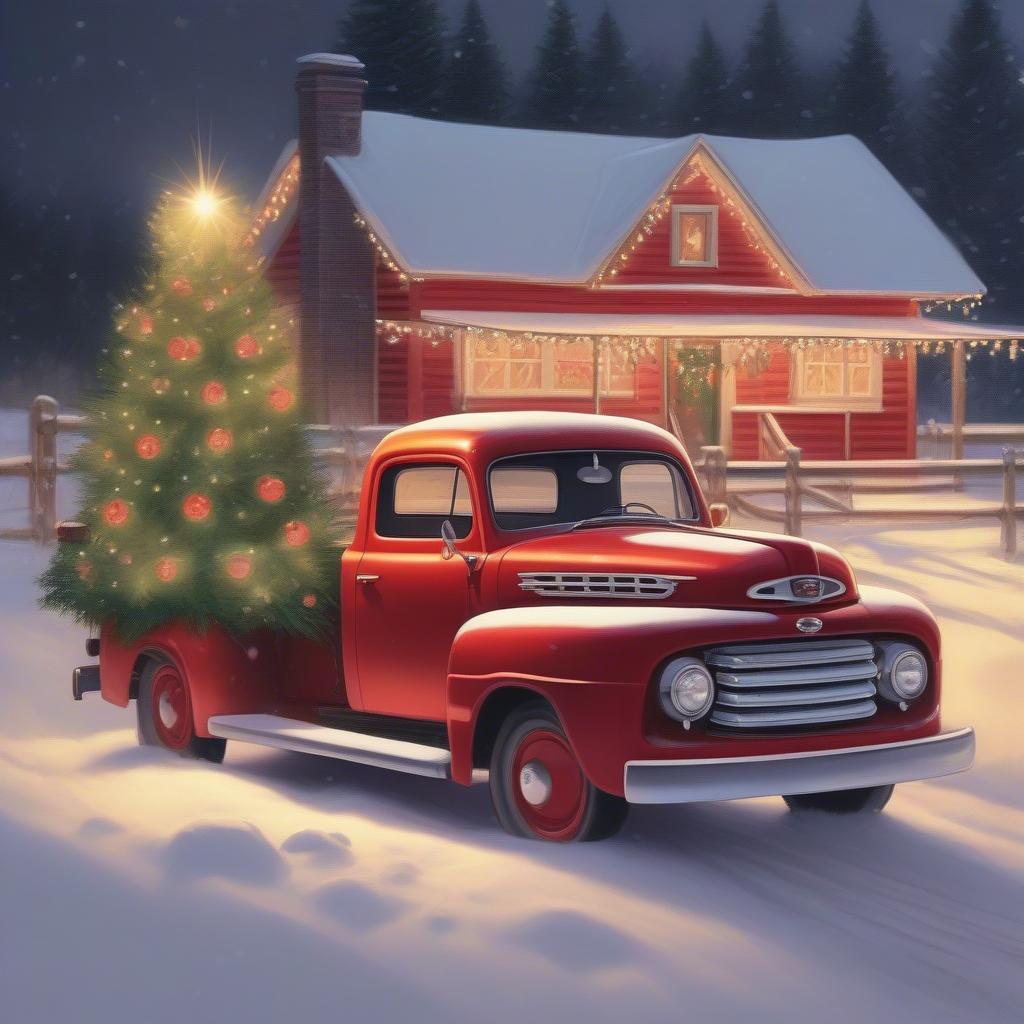 A red vintage Christmas truck decorated with a Christmas tree on the back