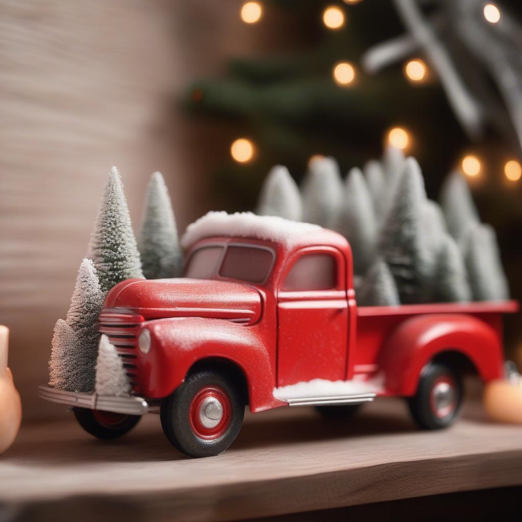 A red vintage Christmas truck vignette with a cotton wreath and miniature trees.