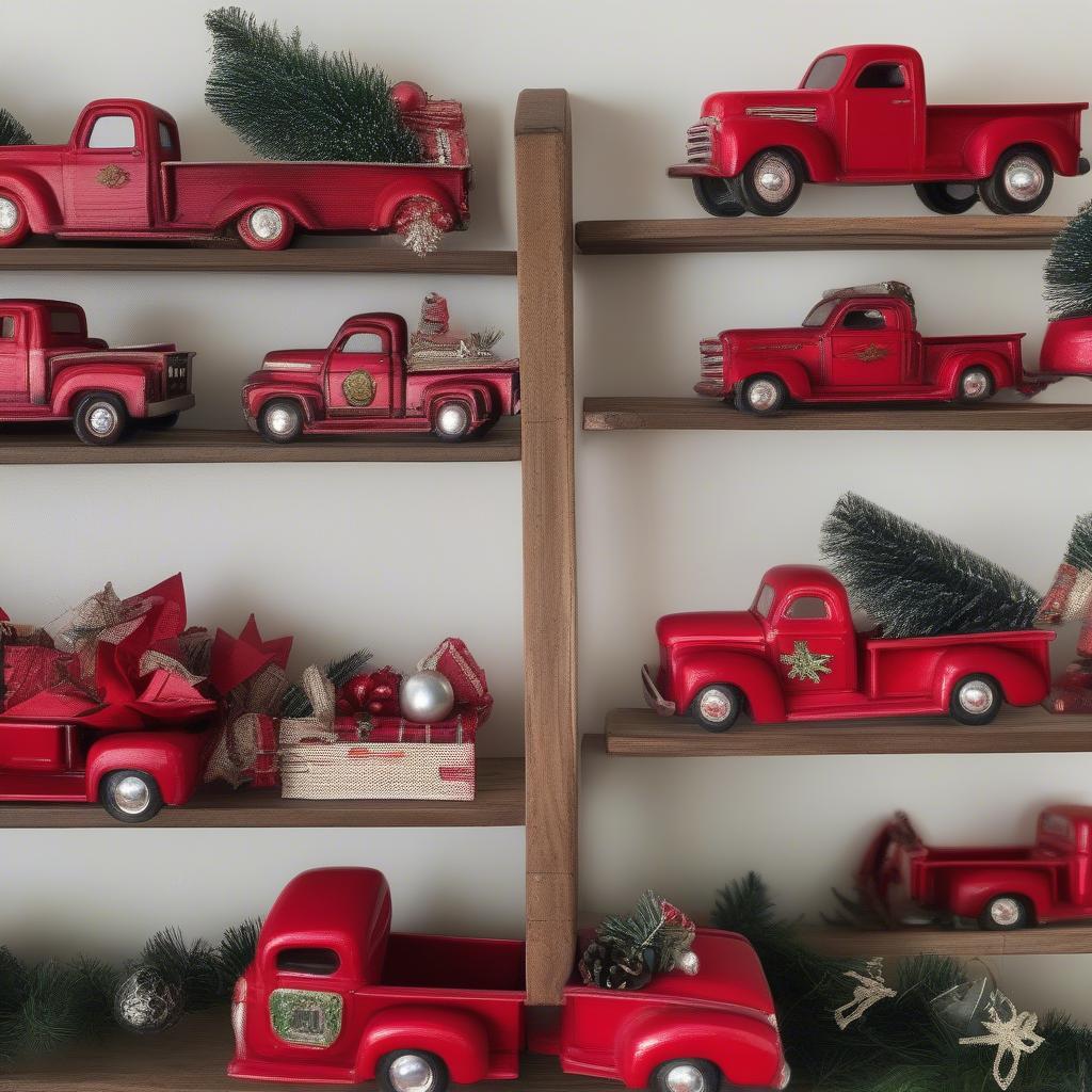 Various red vintage truck Christmas ornaments hanging on a tree.