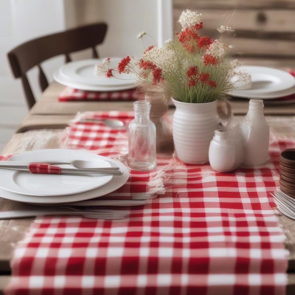 Red and white gingham checkered table runner on a rustic wooden dining table