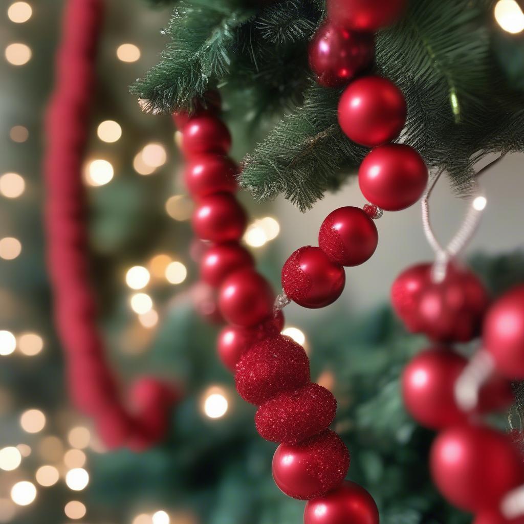 Red wooden bead garland draped over a Christmas tree, adding a festive touch.