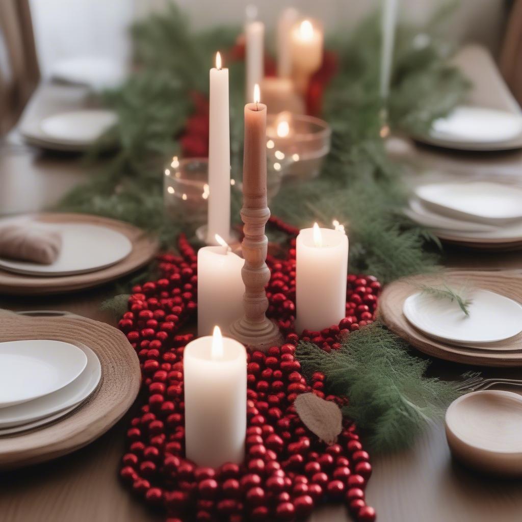 Red wooden bead garland used as a table centerpiece, adding a rustic touch.