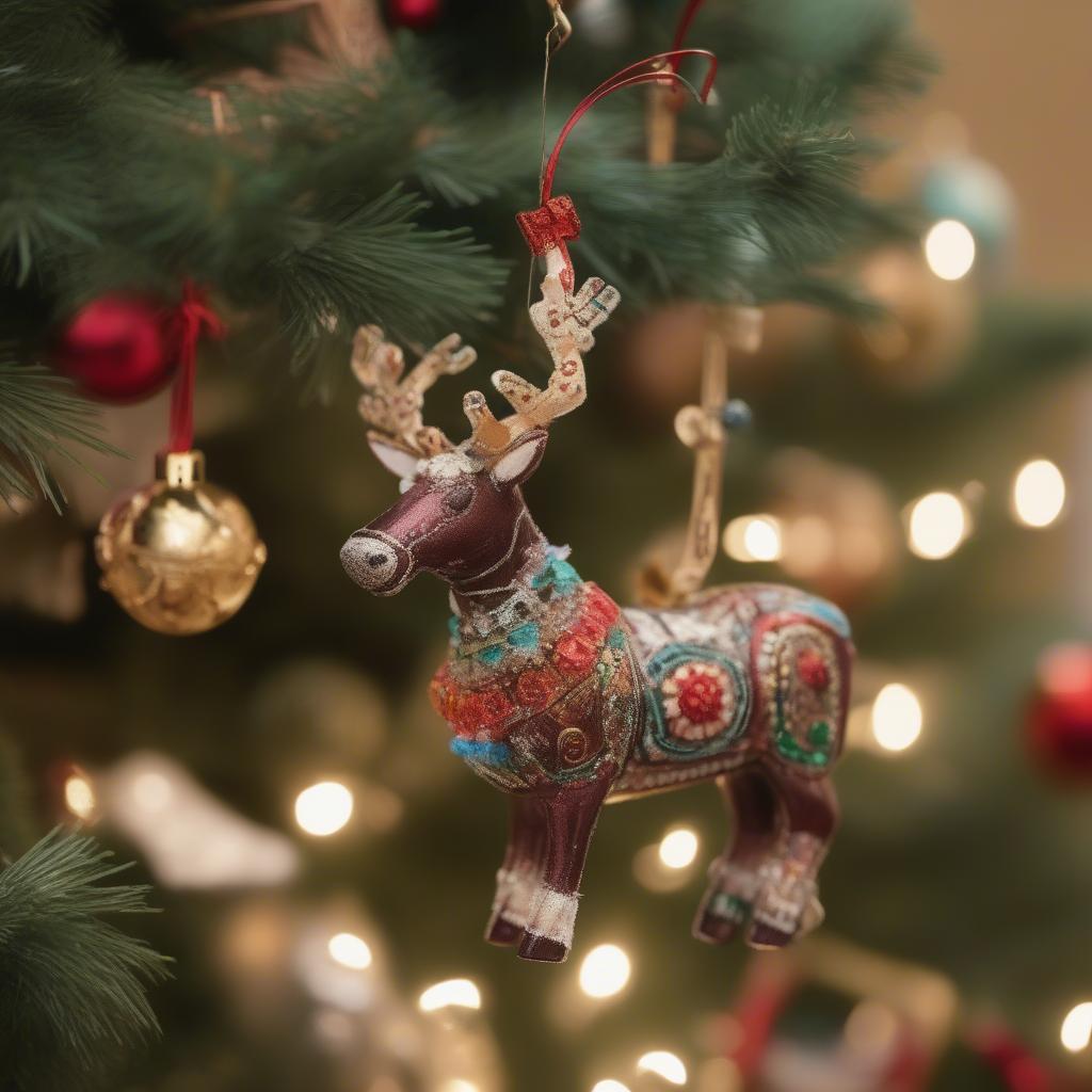 Reindeer Christmas Ornaments Hanging on Tree