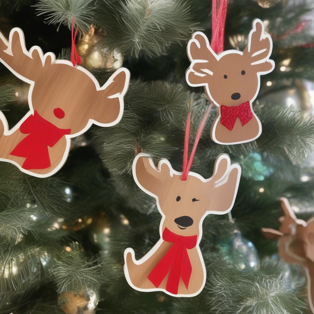 Reindeer wood cutouts being used as Christmas ornaments.