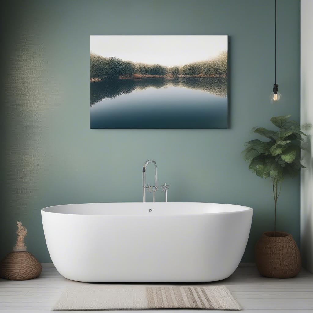 Relaxing bath canvas art featuring a serene landscape