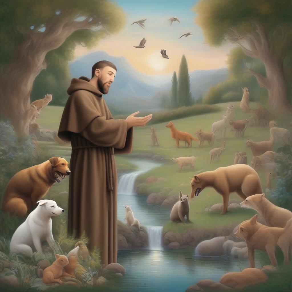 A serene and inspiring canvas painting of Saint Francis of Assisi, surrounded by nature and animals, conveying a message of peace and harmony.