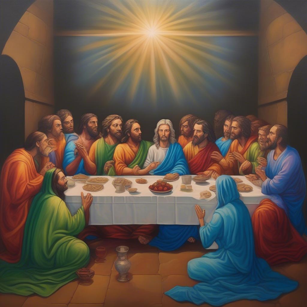 The Last Supper depicted in a vibrant and detailed canvas painting, showcasing the powerful imagery of faith and devotion.