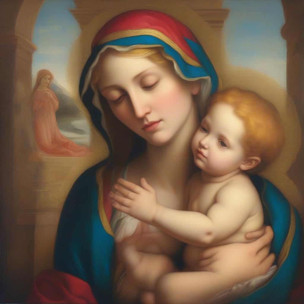 A classic Renaissance style canvas painting of the Madonna and Child, showcasing the delicate brushwork and vibrant colors of the era.