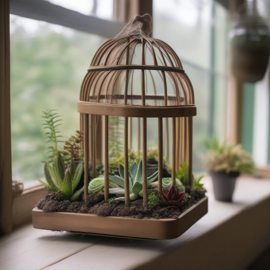 Repurposed Wooden Bird Cage Terrarium