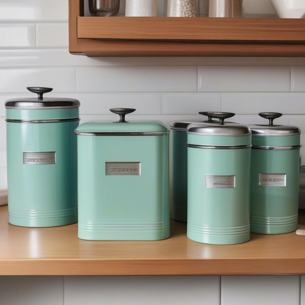 Retro metal canister set on a kitchen counter