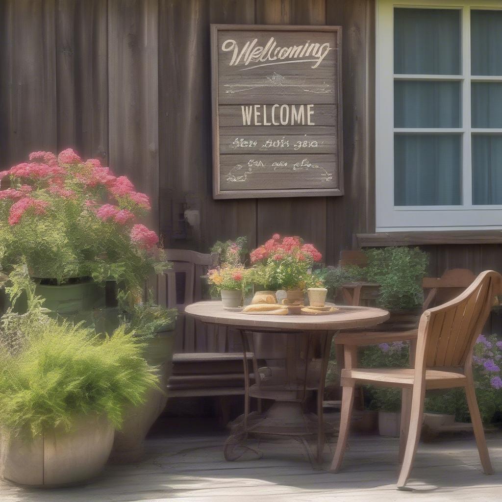 Retro Wooden Sign on an Outdoor Patio