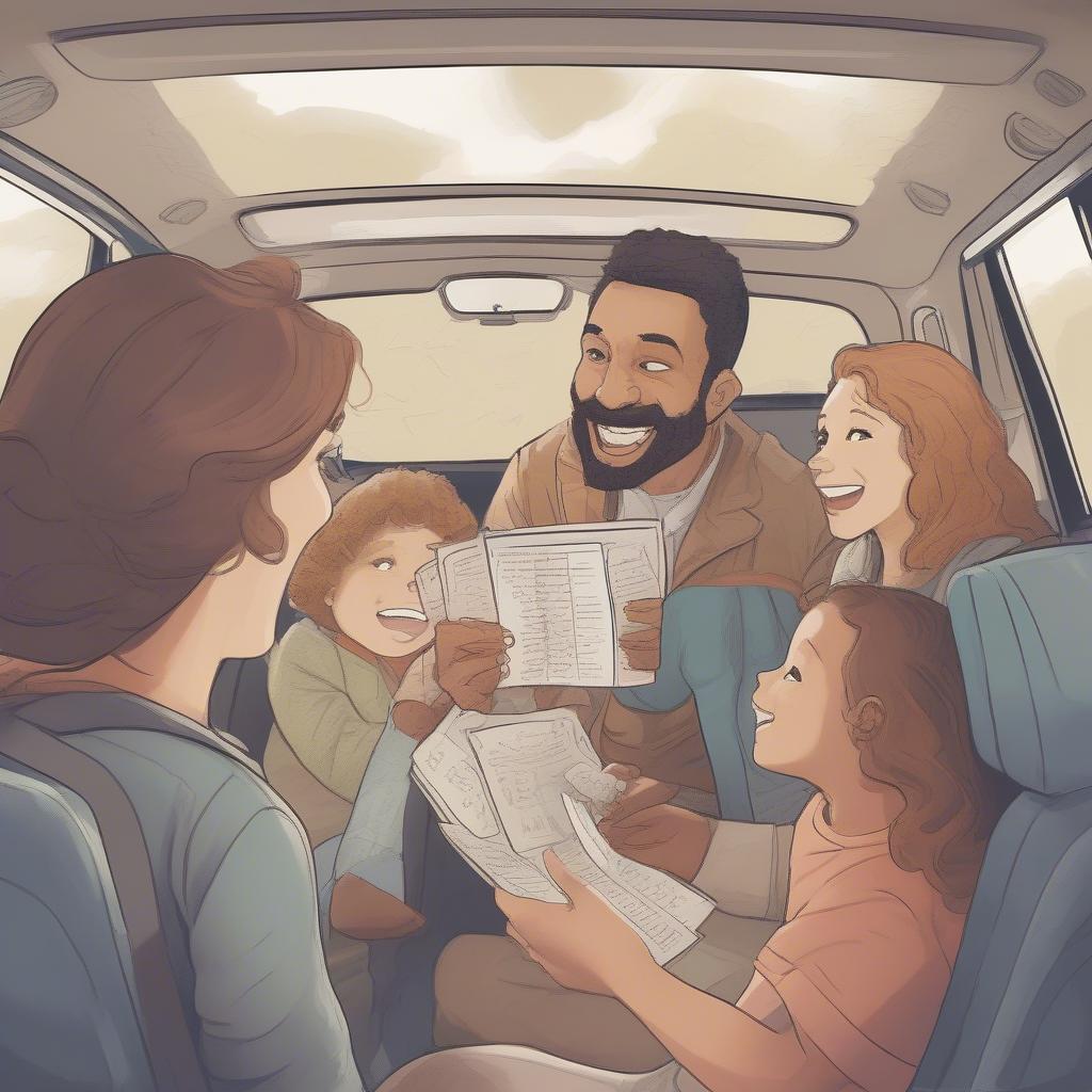 Family playing a road trip trivia game in their car