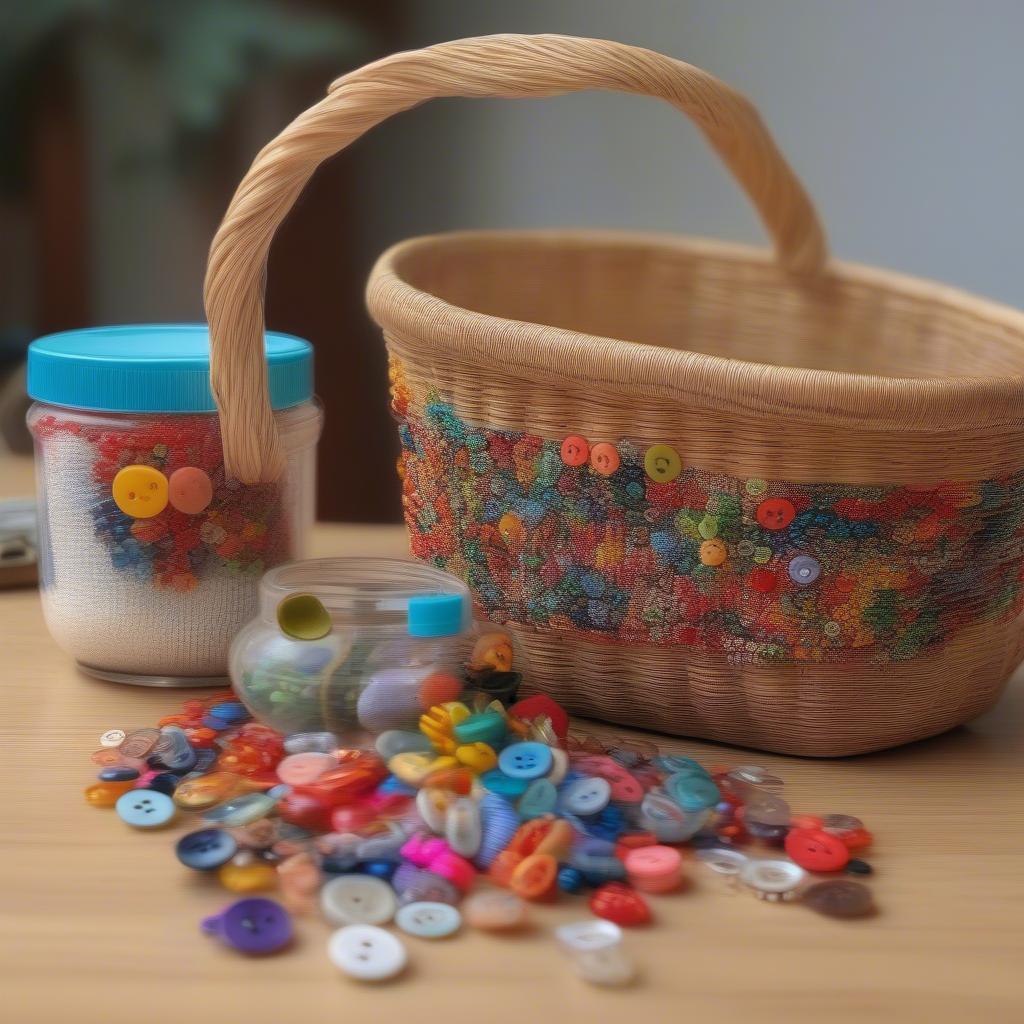 Roadmug used as an organizer for small wicker craft supplies