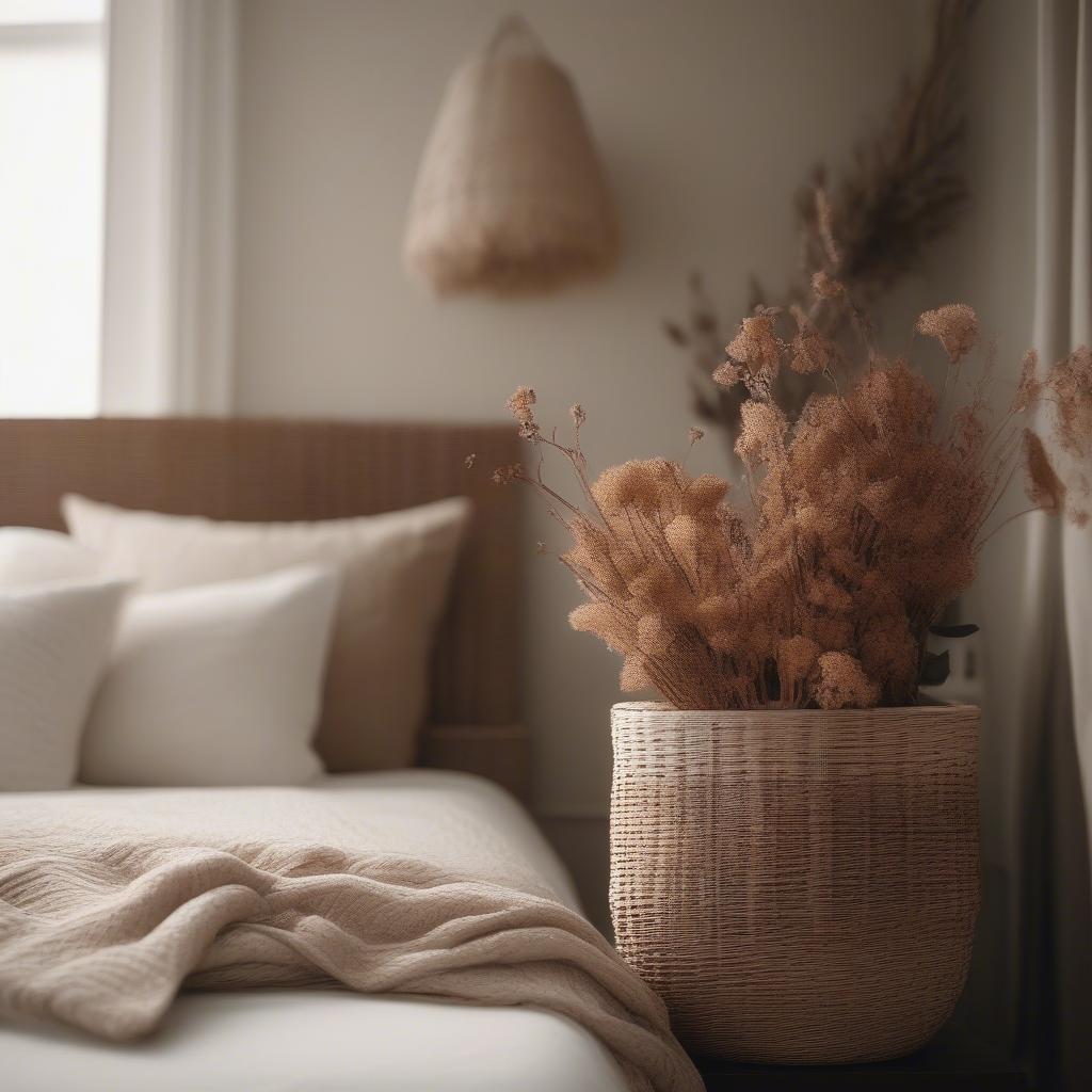 Romantic wicker baskets adding warmth to a couple's bedroom