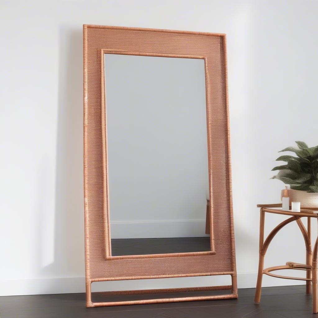 Rose Gold Rattan Mirror with Marble Accent