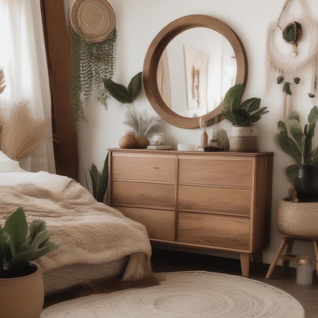 A round boho mirror hanging above a dresser in a bohemian-style bedroom.