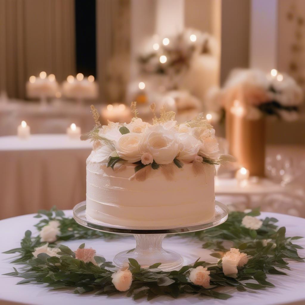 Round lighted acrylic cake stand on a dessert table at a wedding reception.