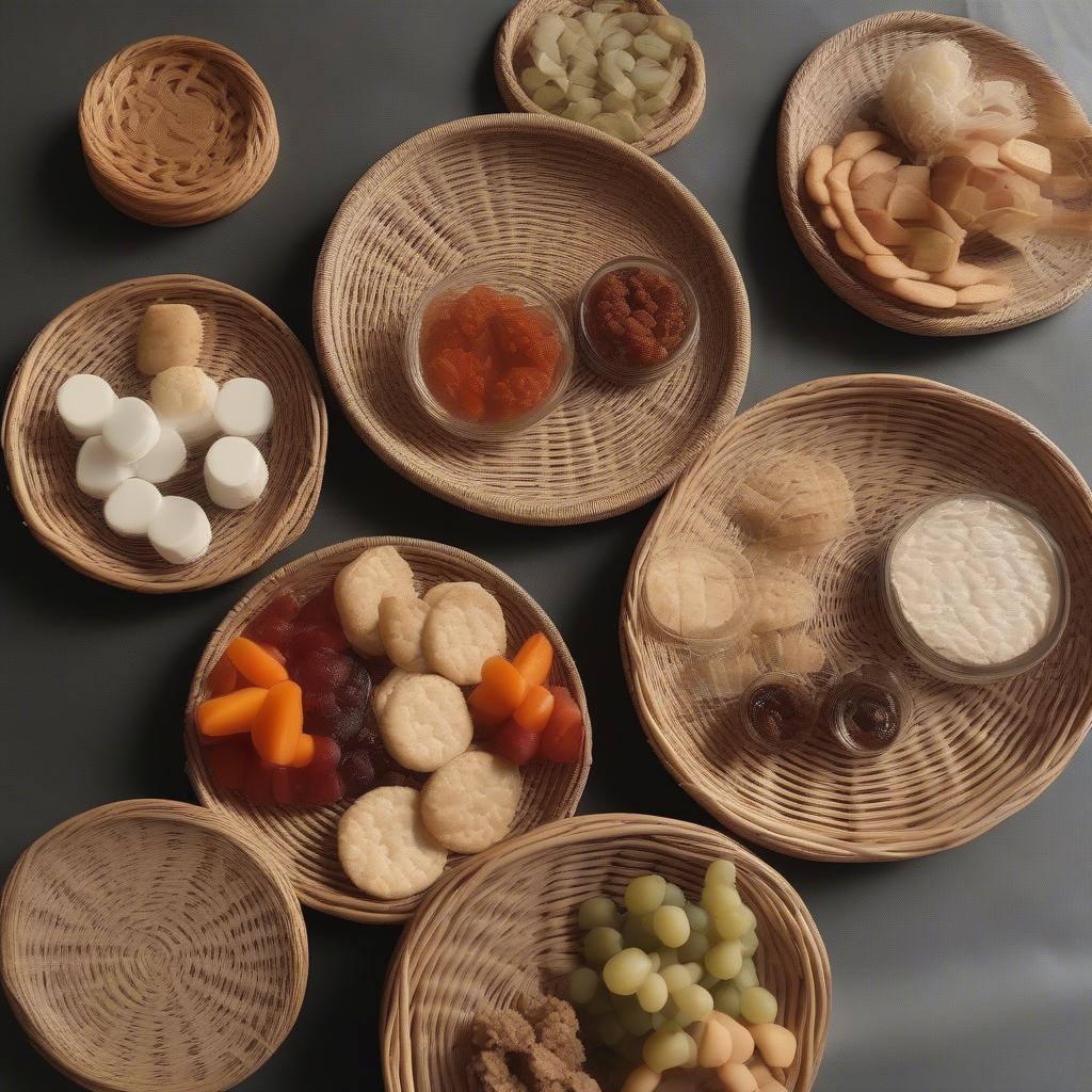 Round rattan appetizer plates with various dips and snacks