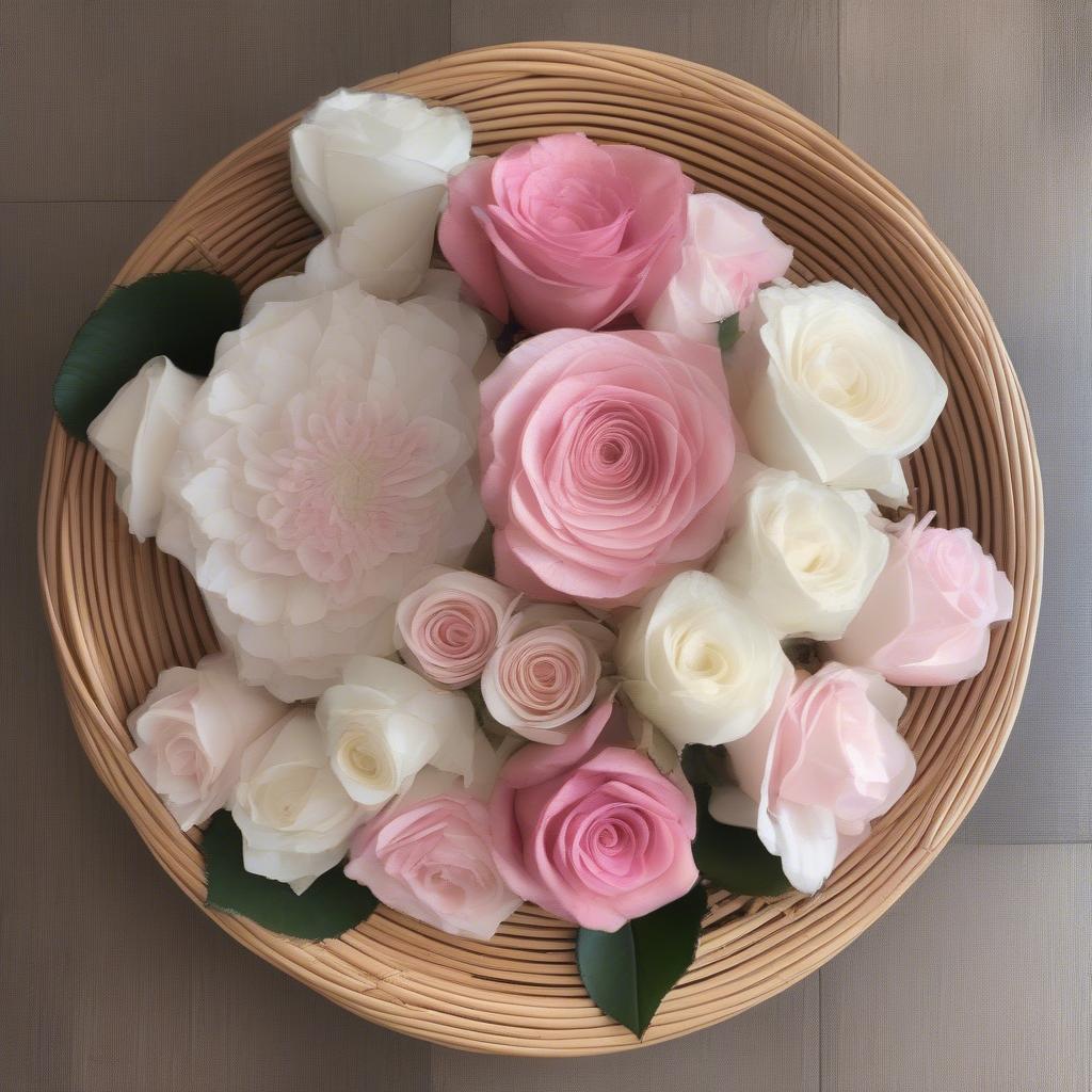 Round rattan flower plate displaying a beautiful arrangement of roses.