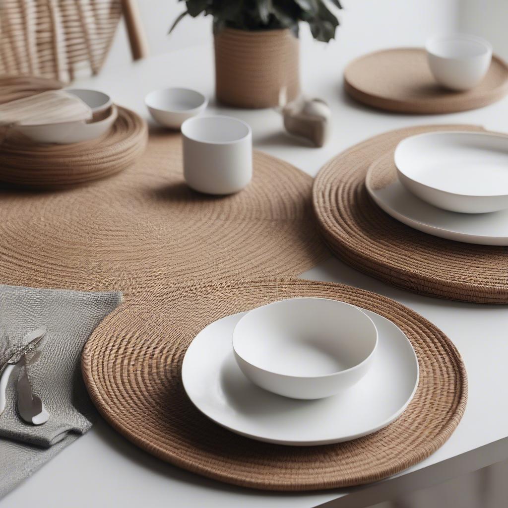 Round, thick rattan placemats on a modern dining table