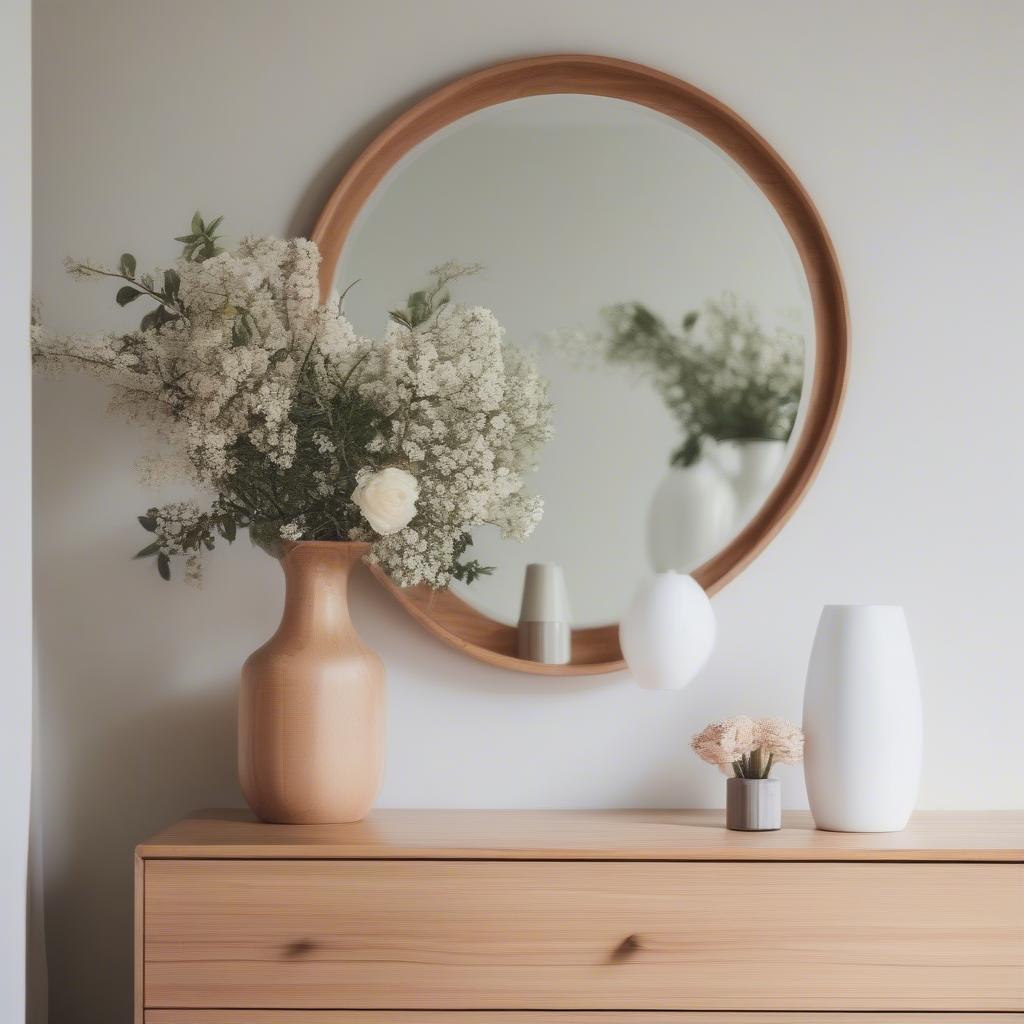 Round Wood Framed Mirror in a Bedroom