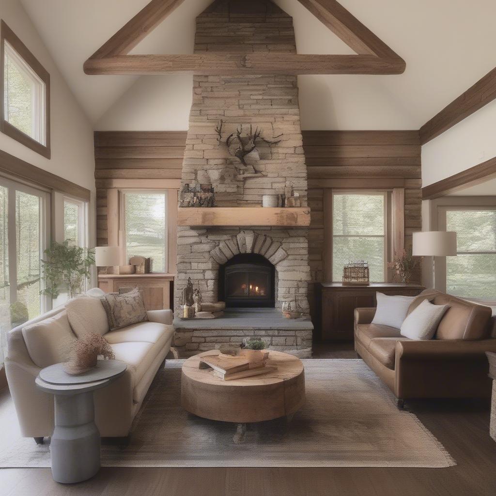 Round wood sign hanging above a fireplace