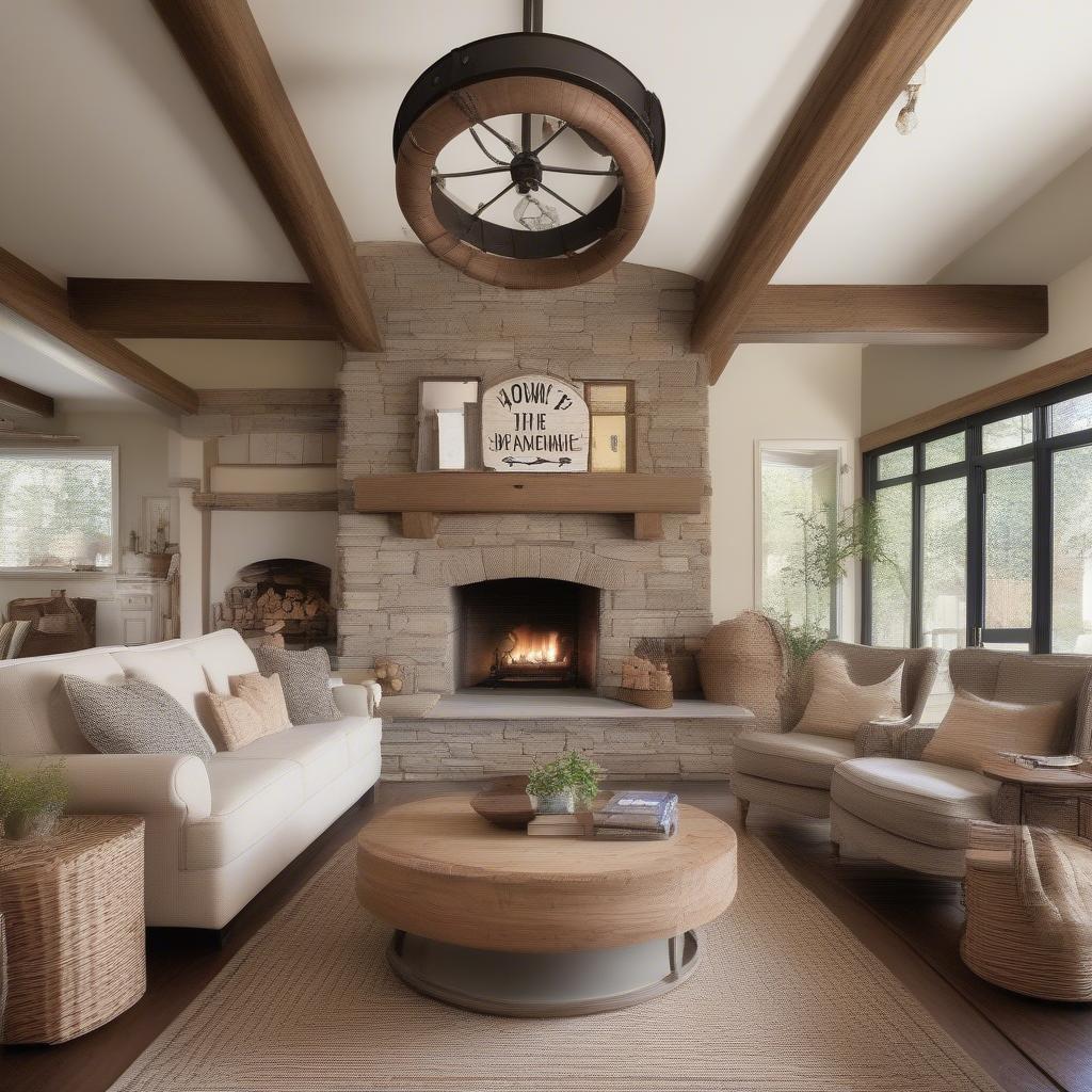 Round Wood Sign Above Fireplace