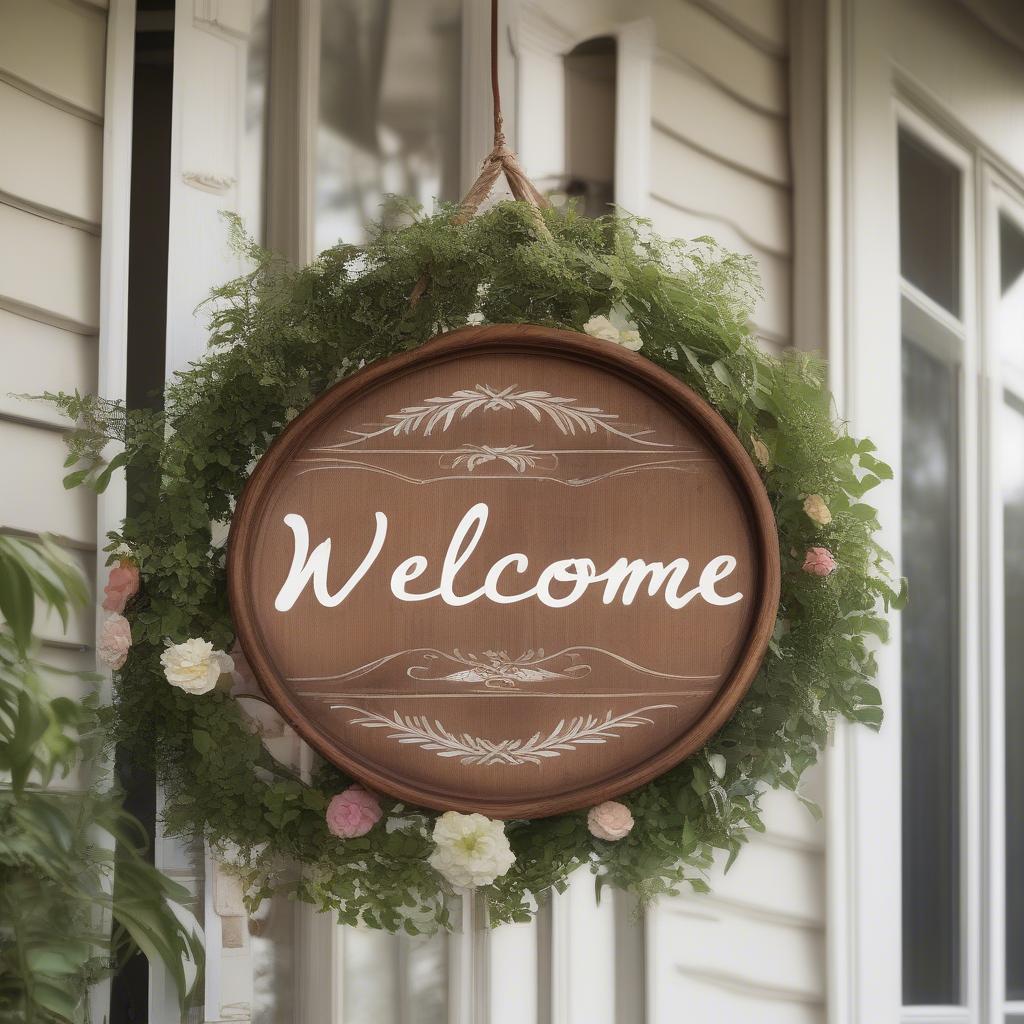 Round wood welcome sign on a porch