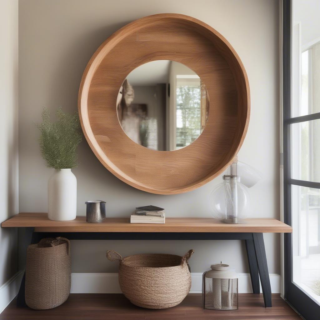 Round wood wall decor in an entryway, creating a welcoming atmosphere.