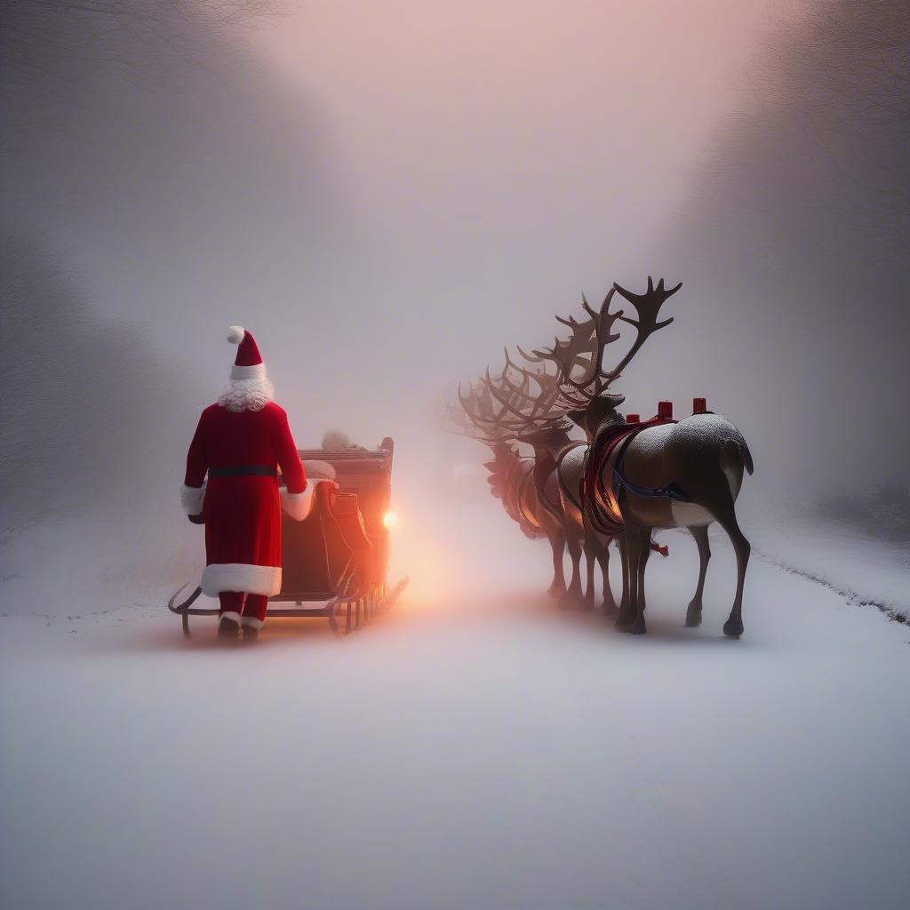 Rudolph guiding Santa's sleigh through the fog