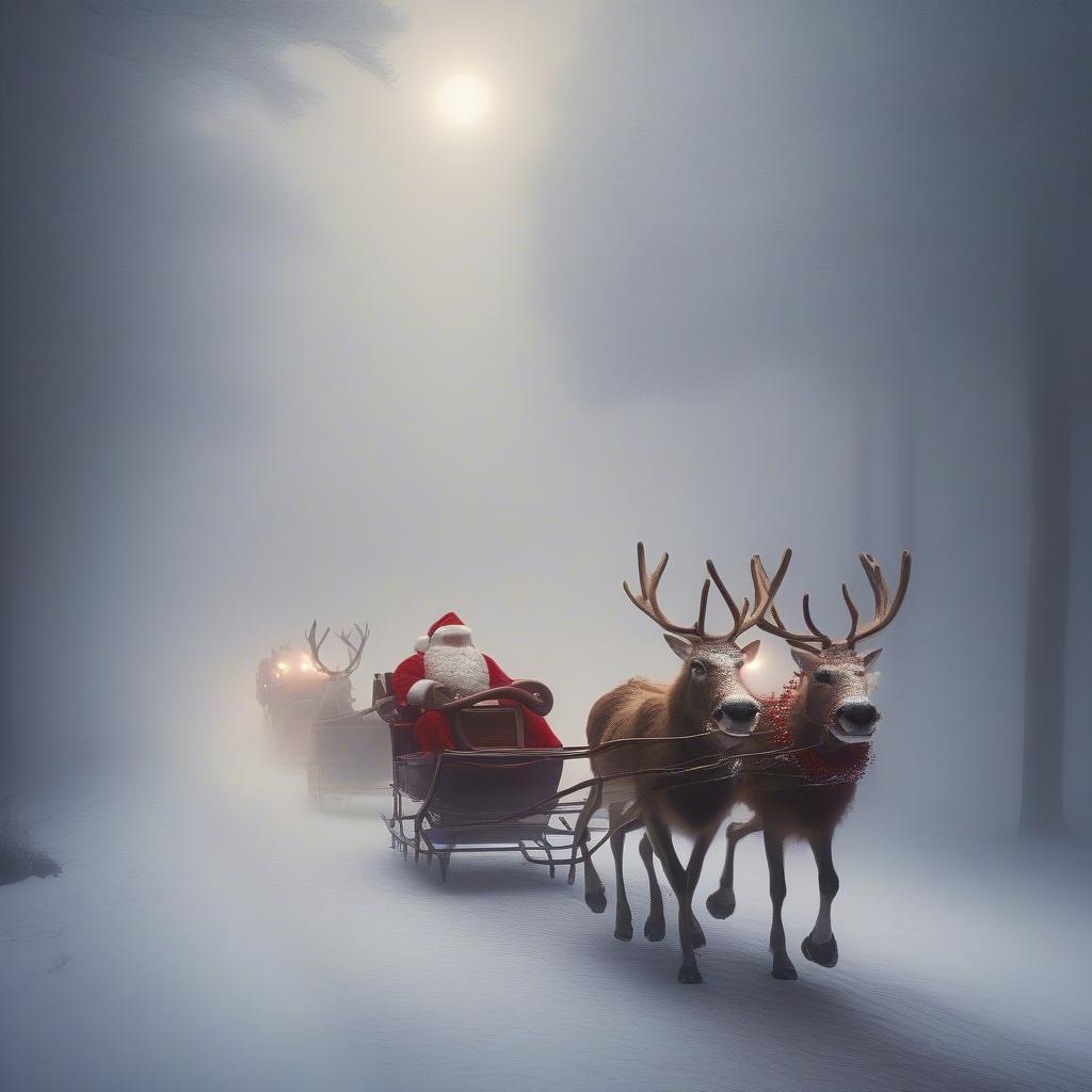 Rudolph Leading Santa's Sleigh Through Fog