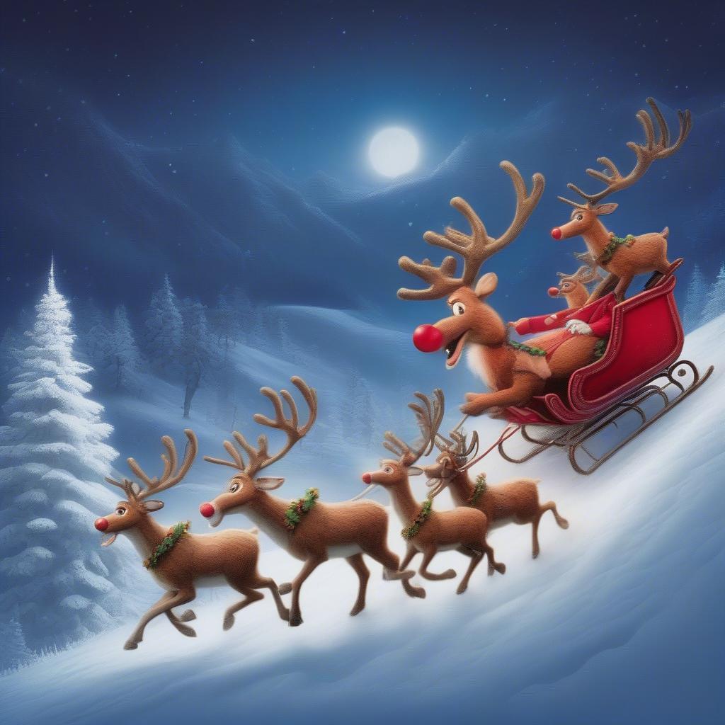 Rudolph the Red-Nosed Reindeer Leading Santa's Sleigh