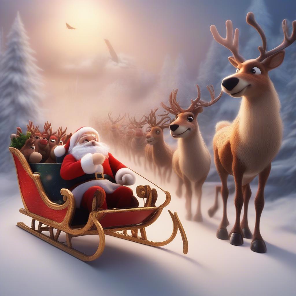 Rudolph the red-nosed reindeer leading Santa's sleigh