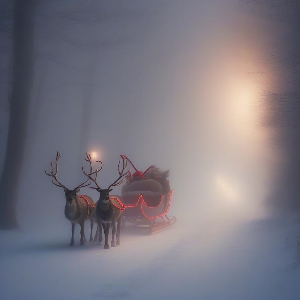 Rudolph leading Santa's sleigh through a foggy Christmas Eve.